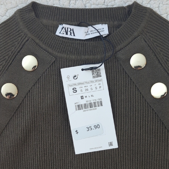 Zara Military Green Top/Sweater with Metallic Accents - Picture 3 of 8